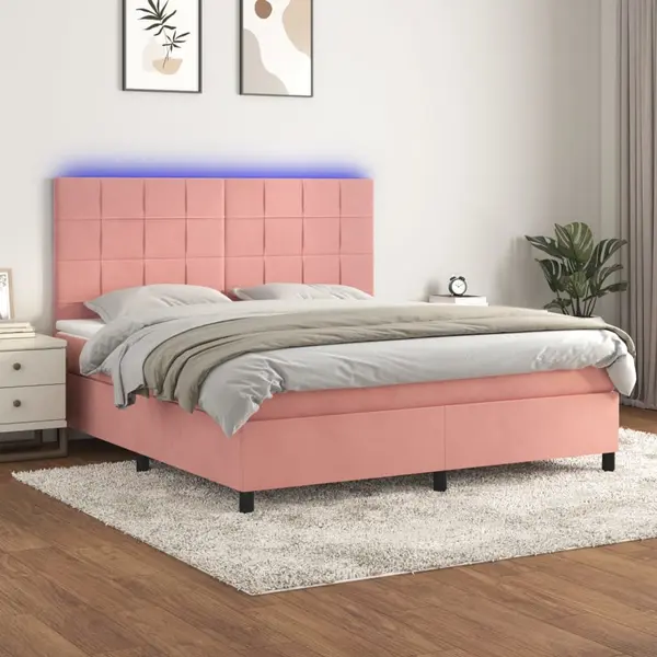 Gossi pat continental cu saltea & led, roz, 120x200 cm, catifea