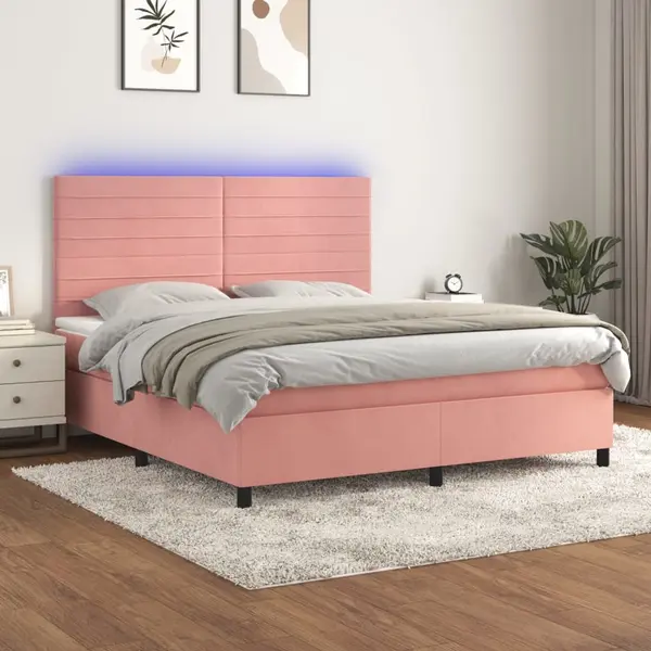 Gossi pat continental cu saltea & led, roz, 120x200 cm, catifea