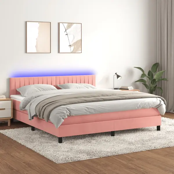 Gossi pat continental cu saltea & led, roz, 120x200 cm, catifea