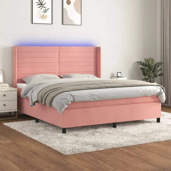 Gossi pat continental cu saltea & led, roz, 120x200 cm, catifea