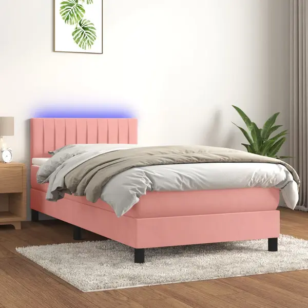 Gossi pat continental cu saltea & led, roz, 80x200 cm, catifea