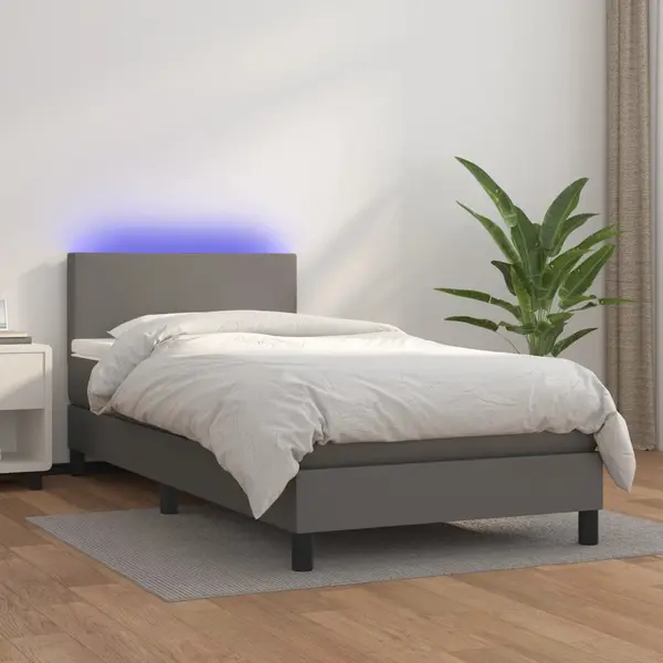 Gossi pat continental cu saltea si led, gri, 80x200 cm, piele eco