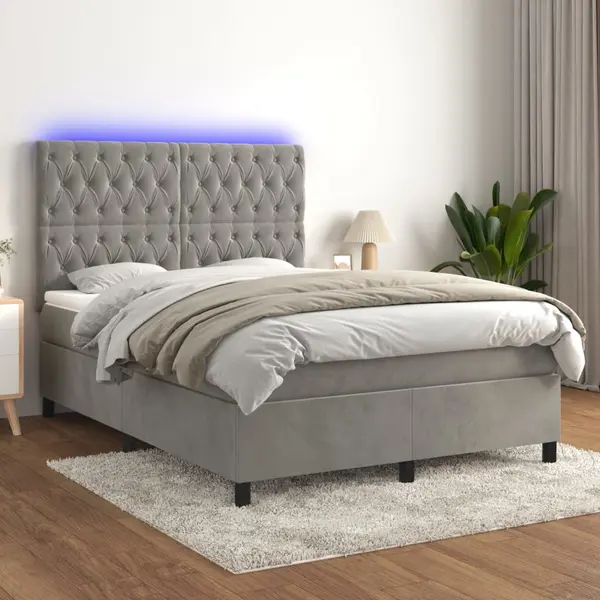 Gossi pat continental cu saltea si led gri deschis 140x190 cm catifea