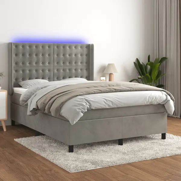 Gossi pat continental cu saltea si led gri deschis 140x190 cm catifea