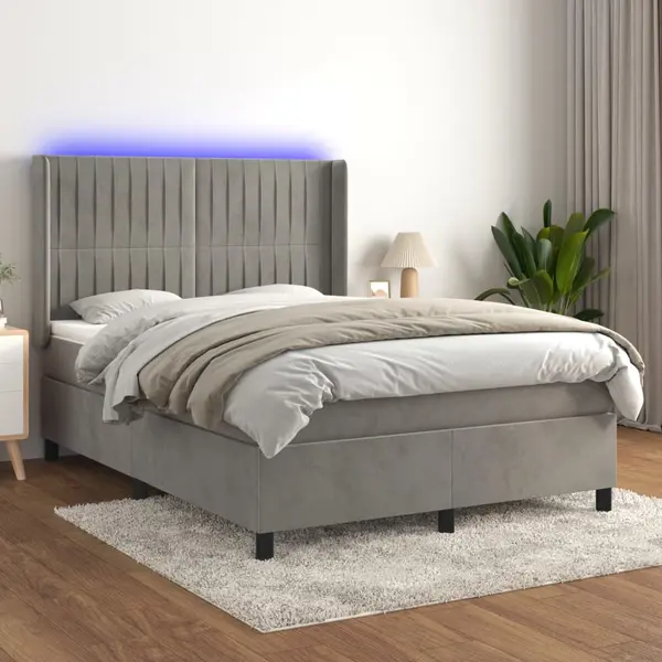 Gossi pat continental cu saltea si led gri deschis 140x190 cm catifea