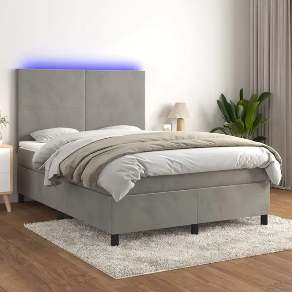Gossi pat continental cu saltea si led gri deschis 140x190 cm catifea