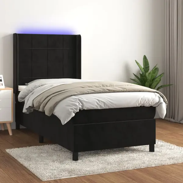 Gossi pat continental cu saltea si led, negru, 80x200 cm, catifea