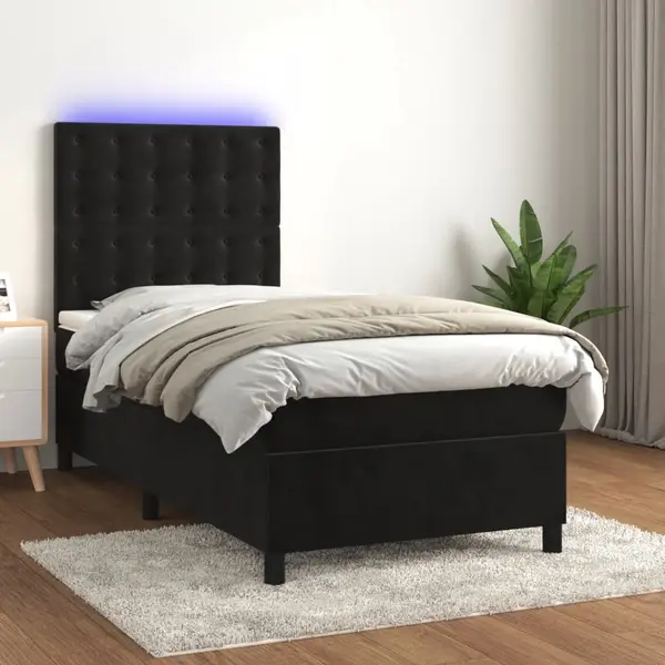 Gossi pat continental cu saltea si led, negru, 80x200 cm, catifea