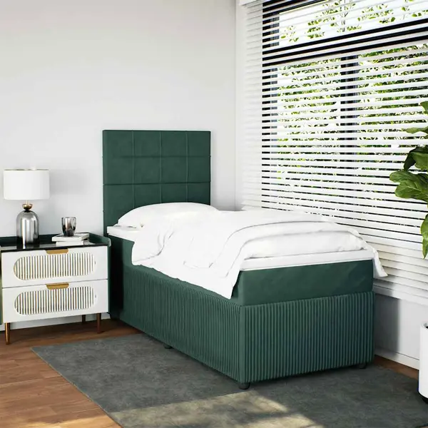Gossi pat continental cu saltea, verde inchis, 80x200 cm, catifea