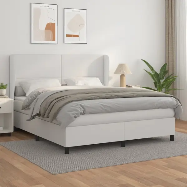 Gossi pat cu arcuri, cu saltea, alb, 180x200 cm, piele ecologica