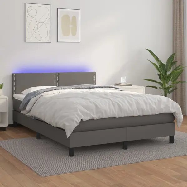 Gossi pat cu arcuri, cu saltea & led, gri, 140x190 cm, piele eco