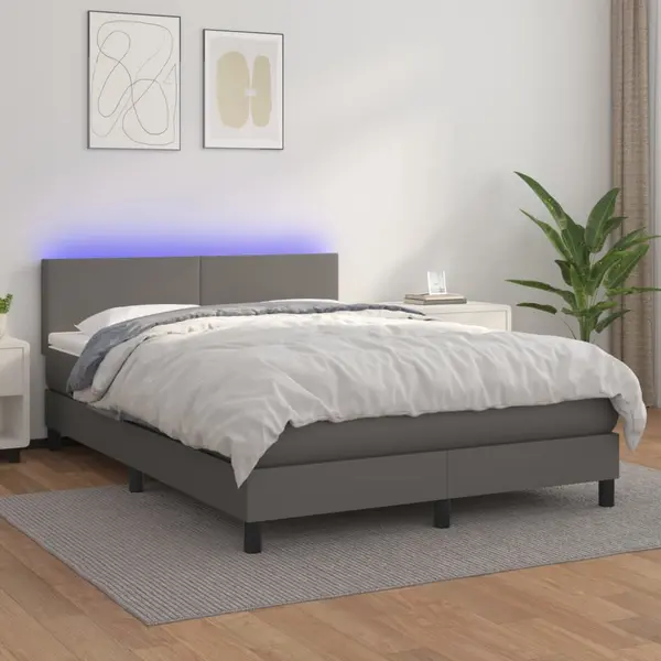 Gossi pat cu arcuri, cu saltea & led, gri, 140x190 cm, piele eco