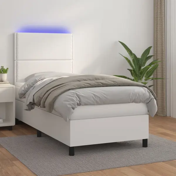 Gossi pat cu arcuri, cu saltea si led, alb, 100x200 cm, piele eco