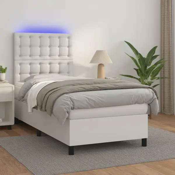 Gossi pat cu arcuri, cu saltea si led, alb, 100x200 cm, piele eco