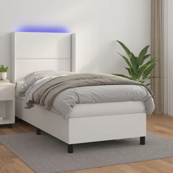 Gossi pat cu arcuri, cu saltea si led, alb, 100x200 cm, piele eco