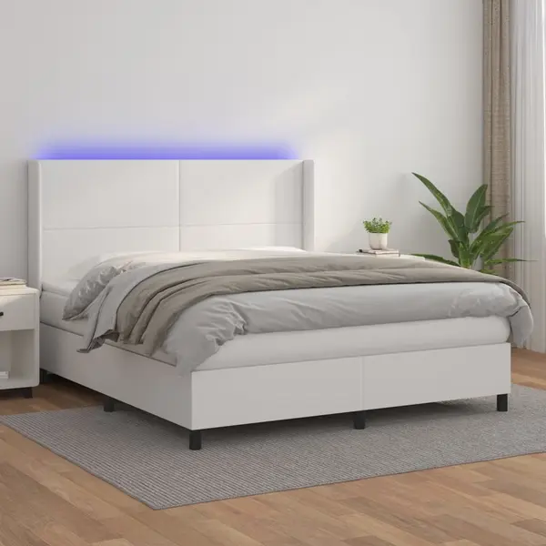 Gossi pat cu arcuri, cu saltea si led, alb, 180x200 cm, piele eco