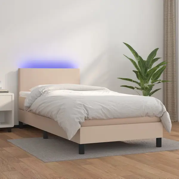 Gossi pat cu arcuri, cu saltea si led cappuccino 100x200 cm piele eco