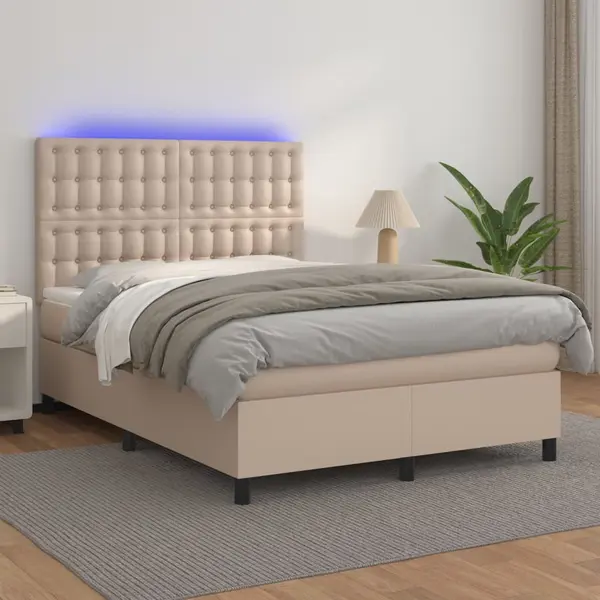 Gossi pat cu arcuri, cu saltea si led cappuccino 140x190 cm piele eco