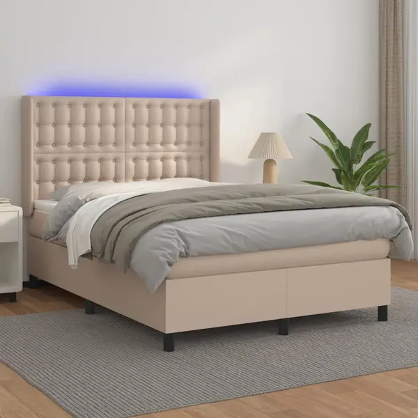 Gossi pat cu arcuri, cu saltea si led cappuccino 140x190 cm piele eco