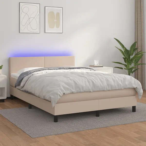 Gossi pat cu arcuri, cu saltea si led cappuccino 140x190 cm piele eco