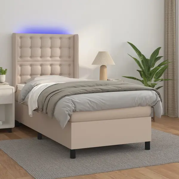 Gossi pat cu arcuri, cu saltea si led cappuccino 90x190 cm, piele eco
