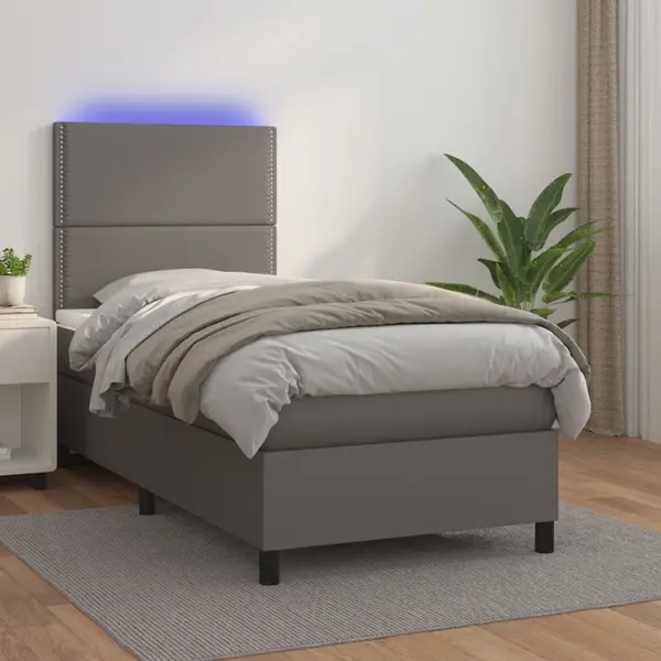 Gossi pat cu arcuri, cu saltea si led, gri, 100x200 cm, piele eco