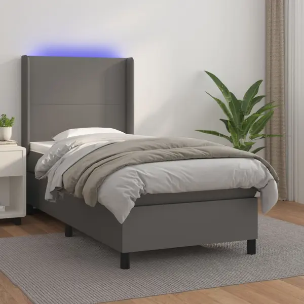 Gossi pat cu arcuri, cu saltea si led, gri, 100x200 cm, piele eco
