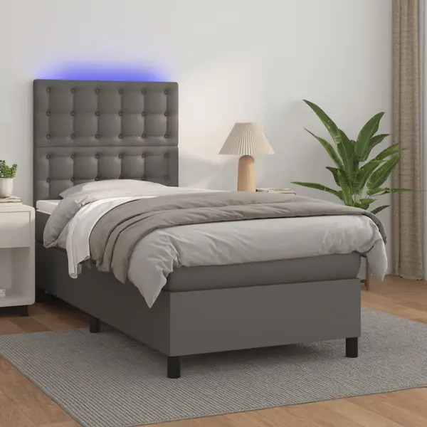 Gossi pat cu arcuri, cu saltea si led, gri, 90x200 cm, piele eco