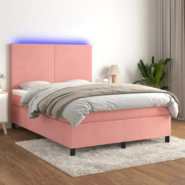 Gossi pat cu arcuri, cu saltea si led, roz, 140x190 cm catifea