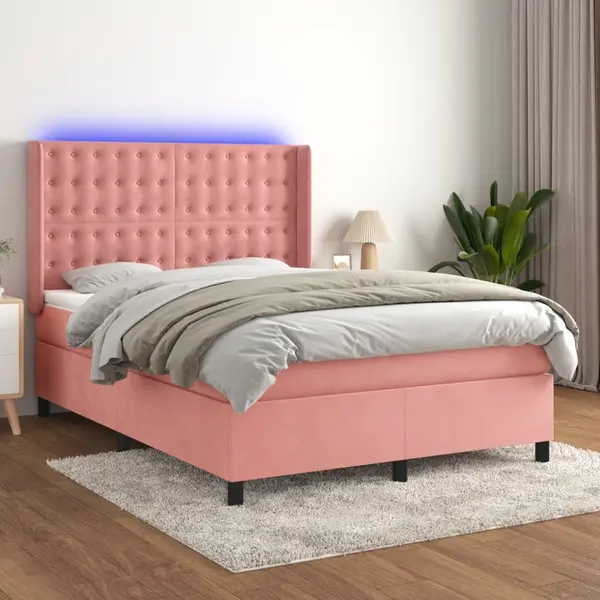 Gossi pat cu arcuri, cu saltea si led, roz, 140x190 cm catifea