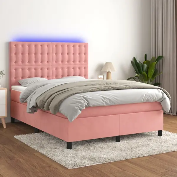 Gossi pat cu arcuri, cu saltea si led, roz, 140x190 cm catifea