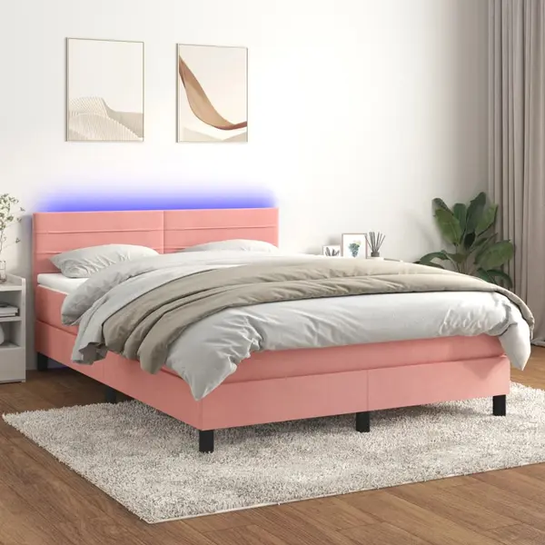 Gossi pat cu arcuri, cu saltea si led, roz, 140x190 cm catifea
