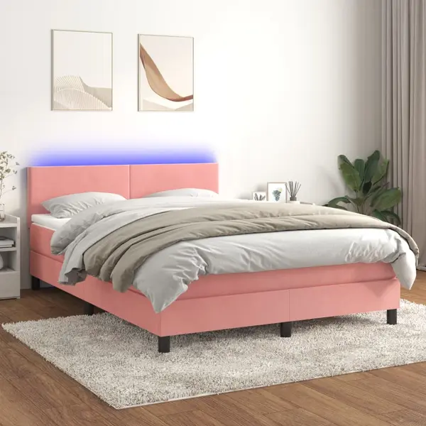 Gossi pat cu arcuri, cu saltea si led, roz, 140x190 cm catifea