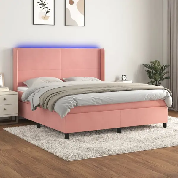 Gossi pat cu arcuri, saltea & led, roz, 180x200 cm, catifea