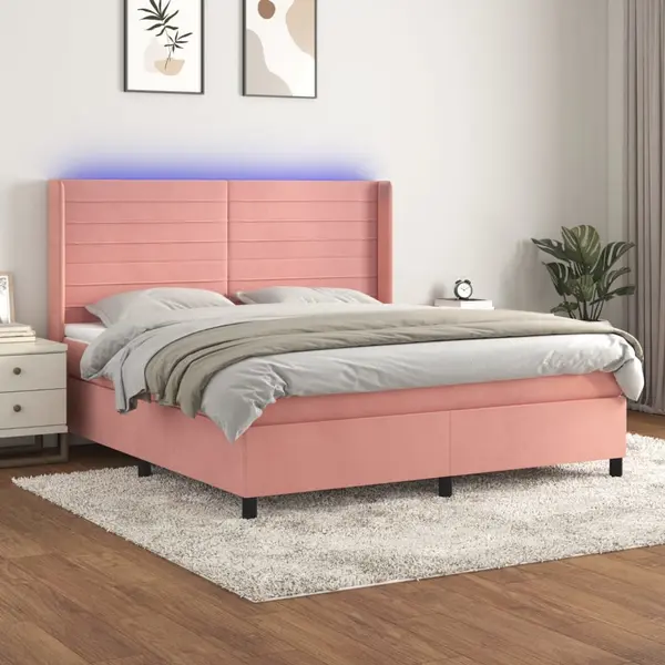 Gossi pat cu arcuri, saltea & led, roz, 180x200 cm, catifea