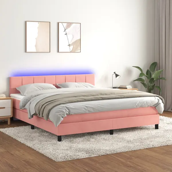 Gossi pat cu arcuri, saltea & led, roz, 180x200 cm, catifea