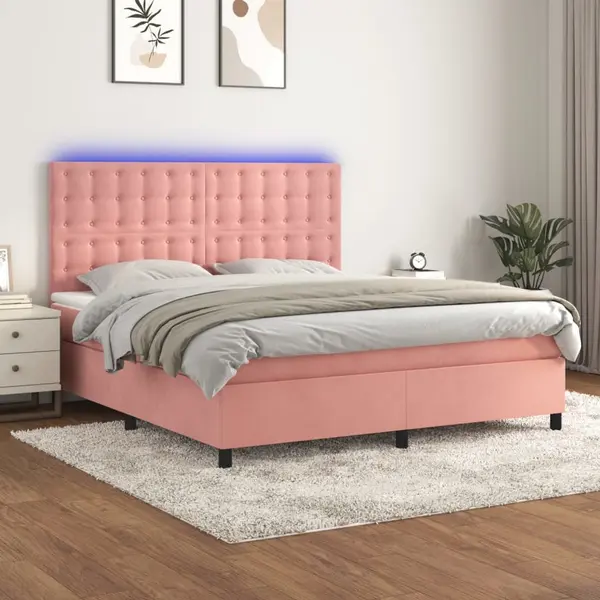 Gossi pat cu arcuri, saltea & led, roz, 180x200 cm, catifea