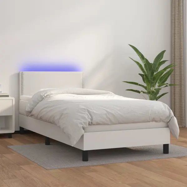 Gossi pat cu arcuri, saltea si led, alb, 100x200 cm, piele ecologica