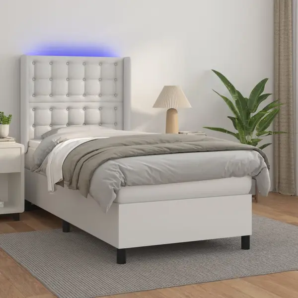 Gossi pat cu arcuri, saltea si led, alb, 100x200 cm, piele ecologica