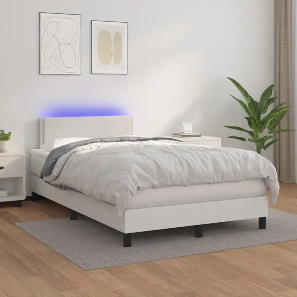 Gossi pat cu arcuri, saltea si led, alb, 120x200 cm, piele ecologica