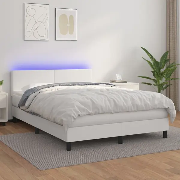 Gossi pat cu arcuri, saltea si led, alb, 140x200 cm, piele eco