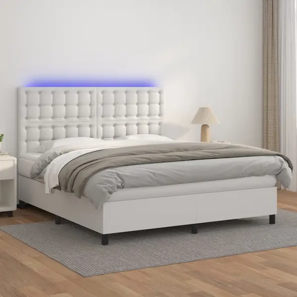Gossi pat cu arcuri, saltea si led, alb, 160x200 cm, piele ecologica