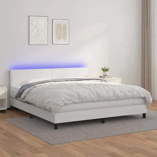 Gossi pat cu arcuri, saltea si led, alb, 160x200 cm, piele ecologica