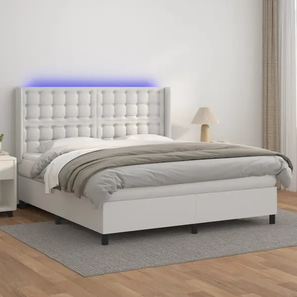 Gossi pat cu arcuri, saltea si led, alb, 160x200 cm, piele ecologica