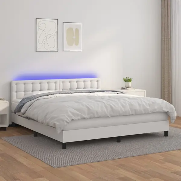 Gossi pat cu arcuri, saltea si led, alb, 180x200 cm, piele ecologica