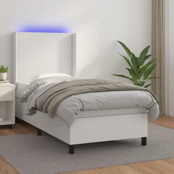 Gossi pat cu arcuri, saltea si led, alb, 90x190 cm, piele ecologica