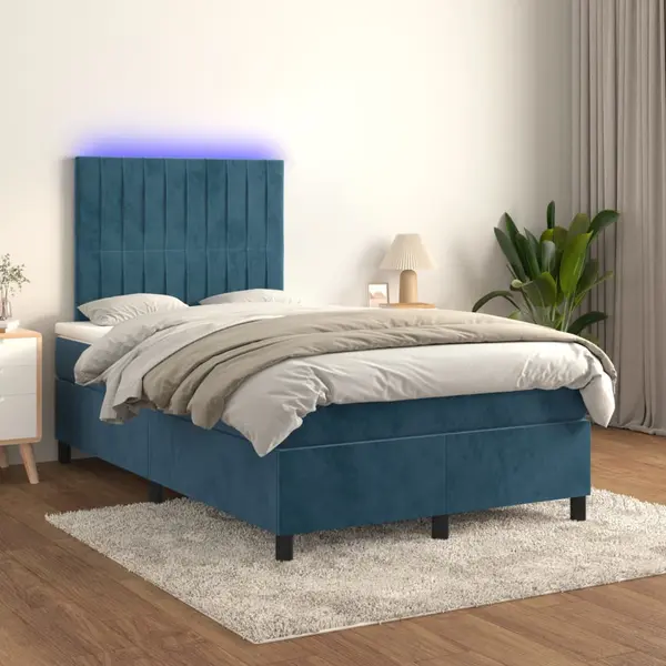 Gossi pat cu arcuri, saltea si led, albastru, 120x200 cm, catifea
