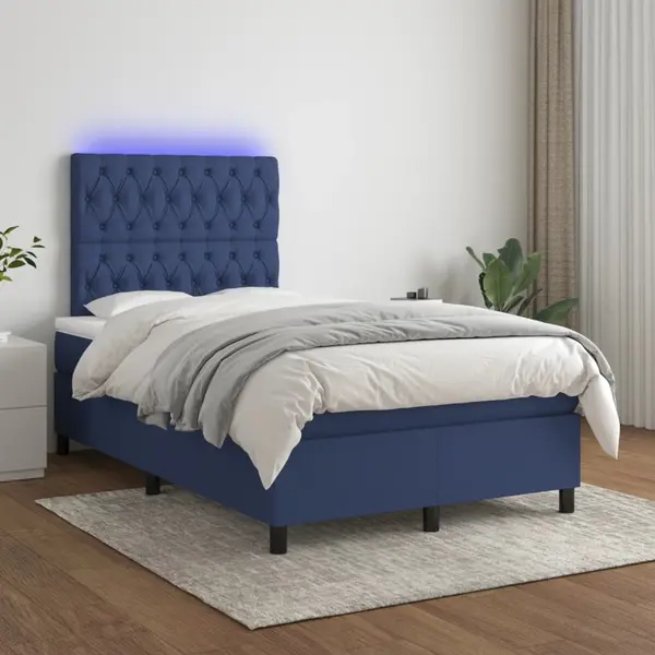 Gossi pat cu arcuri, saltea si led, albastru, 120x200 cm, textil