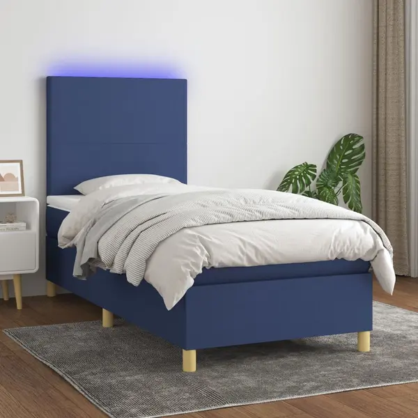 Gossi pat cu arcuri, saltea si led, albastru, 120x200 cm, textil