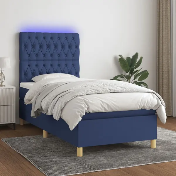 Gossi pat cu arcuri, saltea si led, albastru, 120x200 cm, textil